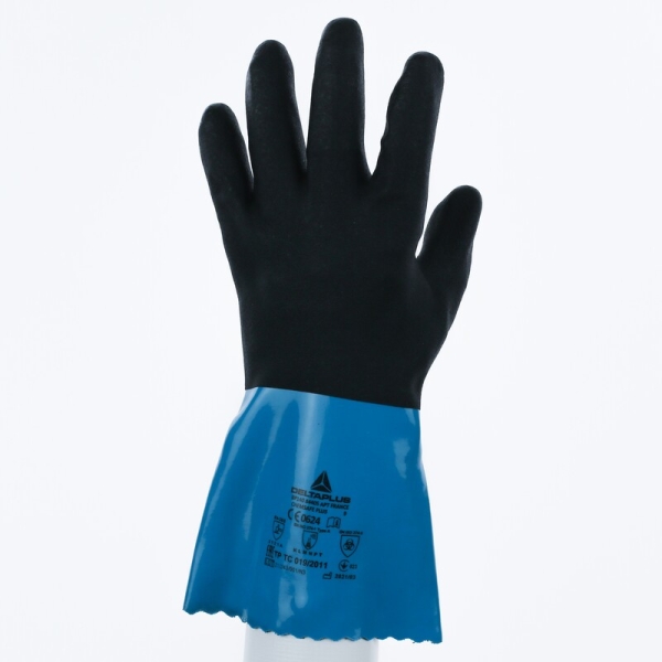 Mănușă impermeabilă cu fixare - Poliamidă - Strat dublu de nitril/PVC - Calibru : 18 - Lungime :  300   mm , culori: Albastru