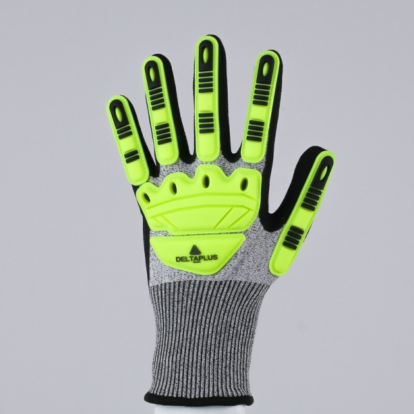 Mănușă tricotată cu strat protector - Elastan, Fibră de sticlă, Nailon, Poliester, Spandex - Nitril texturat aderent - Calibru : 15, culori: Galben