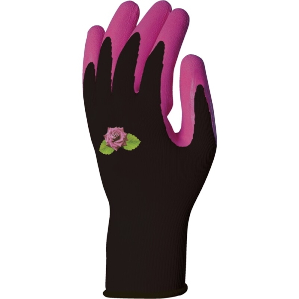 Mănușă tricotată cu strat protector - Poliester - Spumă de latex - Calibru : 13, culori: Negru-violet, Negru-roz, Negru-verde