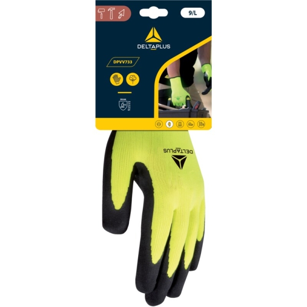 Mănușă tricotată cu strat protector - Poliester - Spumă de latex - Calibru : 13, culori: Galben fluorescent-Negru, Portocaliu Fluo-Negru
