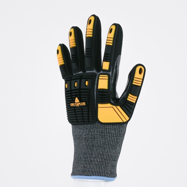 Mănușă tricotată cu strat protector - Elastan, Fibră de sticlă, Nailon, Poliester, Spandex - Nitril texturat aderent - Calibru : 18, culori: Galben-Gri-Negru