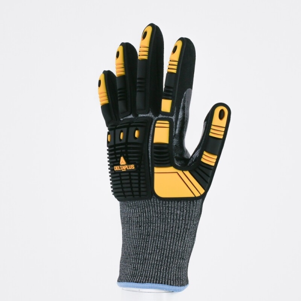 Mănușă tricotată cu strat protector - Elastan, Fibră de sticlă, Nailon, Poliester, Spandex - Nitril texturat aderent - Calibru : 18, culori: Galben-Gri-Negru