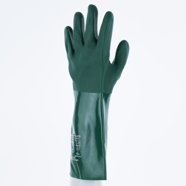 Mănușă impermeabilă cu fixare - Bumbac - Înveliș dublu din PVC - Lungime :  350   mm , culori: Verde