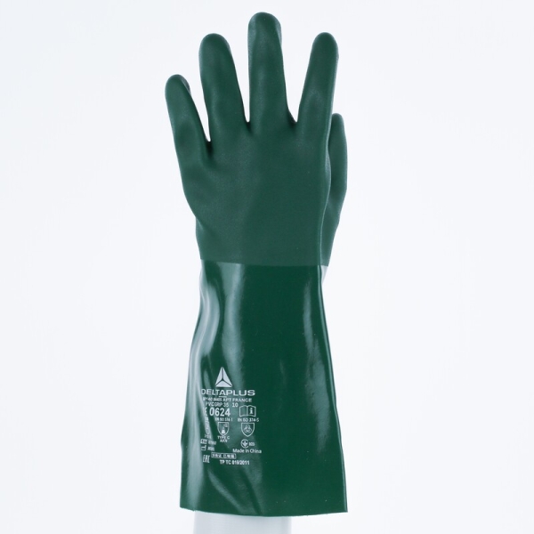 Mănușă impermeabilă cu fixare - Bumbac - Înveliș dublu din PVC - Lungime :  350   mm , culori: Verde