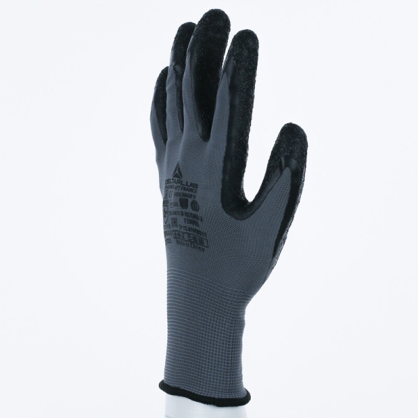 Mănușă tricotată cu strat protector - Poliester - Latex texturat aderent - Calibru : 13, culori: Gri-Negru