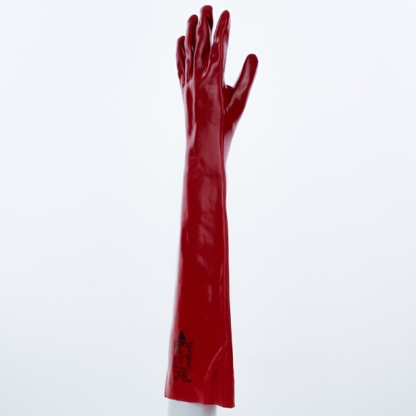 Mănușă impermeabilă cu fixare - Bumbac - PVC neted - Lungime :  600   mm , culoare Roșu