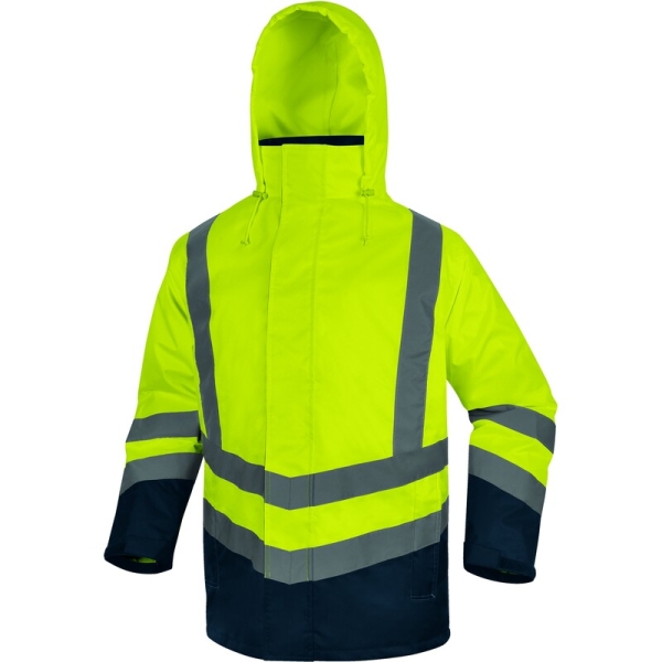 Geacă impermeabilă 5 în 1 de înaltă vizibilitate -  Oxford - 100% poliester - Acoperire poliuretanică | Căptuşeală: Tafta - 100% poliester, culori: Galben fluorescent-Bleumarin, Portocaliu fluorescent-Bleumar