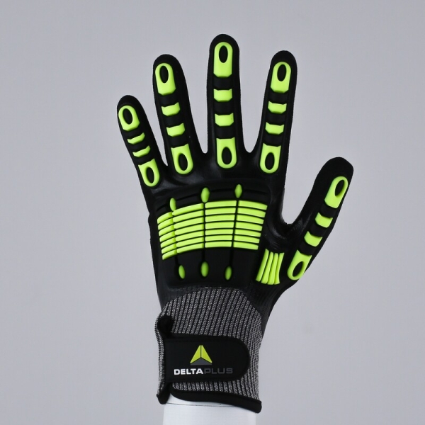 Mănușă tricotată cu strat protector - Elastan, Fibră de sticlă, Nailon, Poliester, Spandex - Strat dublu de nitril - Calibru : 15, culori: Galben-Gri-Negru