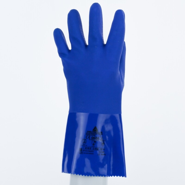 Mănușă impermeabilă cu fixare - Bumbac - PVC texturat aderent - Calibru : 13 - Lungime :  300   mm , culori: Albastru