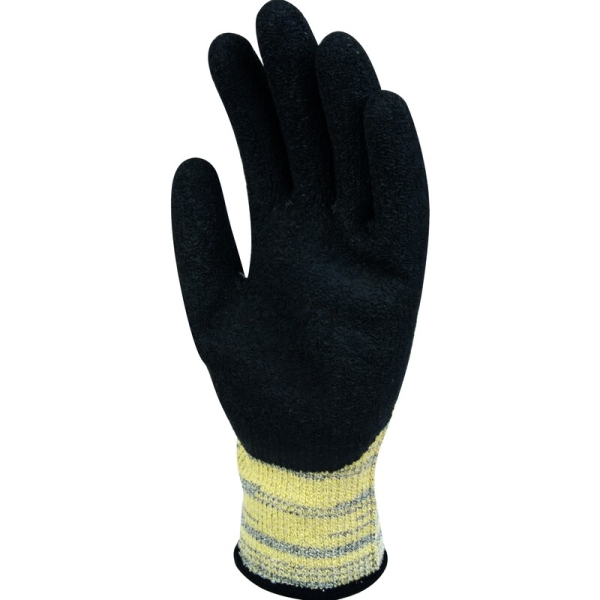 Mănușă tricotată cu strat protector - HEATnocut - Latex texturat aderent - Calibru : 10, culori: Galben-Gri-Negru