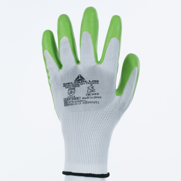 Mănușă tricotată cu strat protector - Poliester - Latex cu motiv ștanțat - Calibru : 15, culori: Alb-Verde