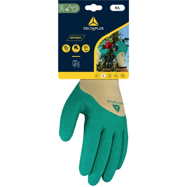 Mănușă tricotată cu strat protector - Bumbac, Poliester/bumbac - Latex texturat aderent - Calibru : 10, culori: Verde