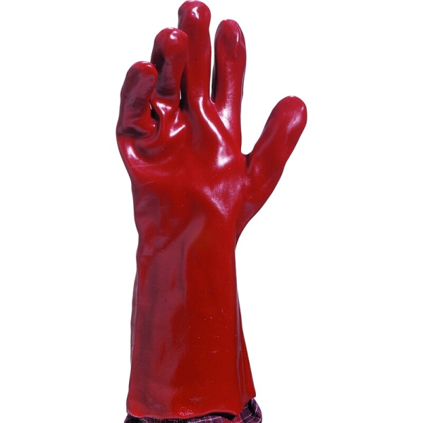 Mănușă impermeabilă cu fixare - Bumbac - PVC neted - Lungime :  350   mm , culoare Roșu