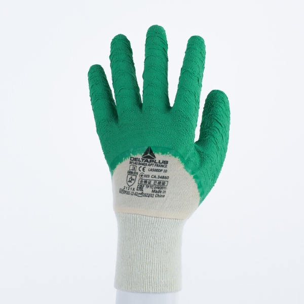 Mănușă preformată cu strat protector - Bumbac - Latex texturat aderent, culori: Verde