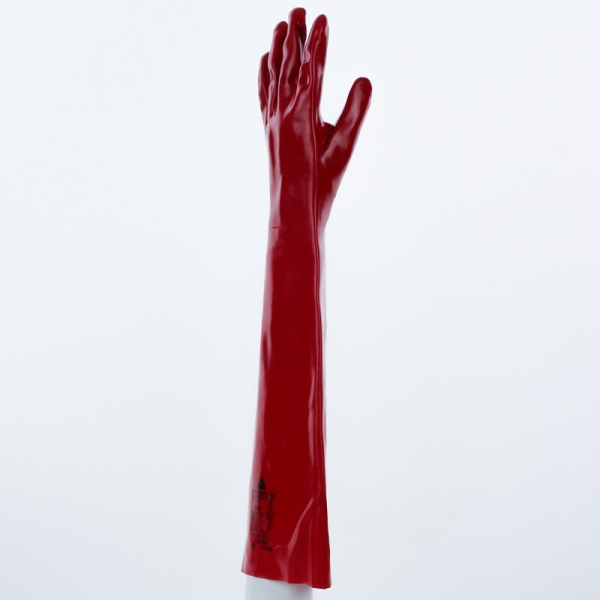 Mănușă impermeabilă cu fixare - Bumbac - PVC neted - Lungime :  600   mm , culoare Roșu