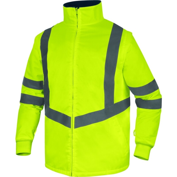 Geacă impermeabilă 5 în 1 de înaltă vizibilitate -  Oxford - 100% poliester - Acoperire poliuretanică | Căptuşeală: Tafta - 100% poliester, culori: Galben fluorescent-Bleumarin, Portocaliu fluorescent-Bleumar