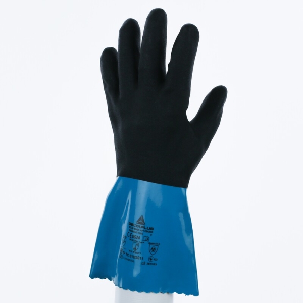 Mănușă impermeabilă cu fixare - Poliamidă - Strat dublu de nitril/PVC - Calibru : 18 - Lungime :  300   mm , culori: Albastru