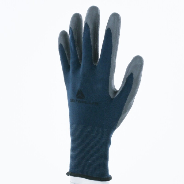 Mănușă tricotată cu strat protector - Poliamidă - Polimer apă neted - Calibru : 15, culori: Bleumarin-Gri