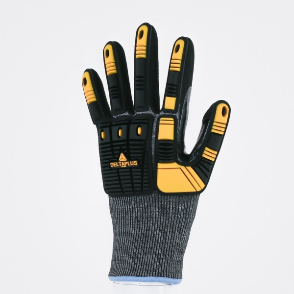 Mănușă tricotată cu strat protector - Elastan, Fibră de sticlă, Nailon, Poliester, Spandex - Nitril texturat aderent - Calibru : 18, culori: Galben-Gri-Negru