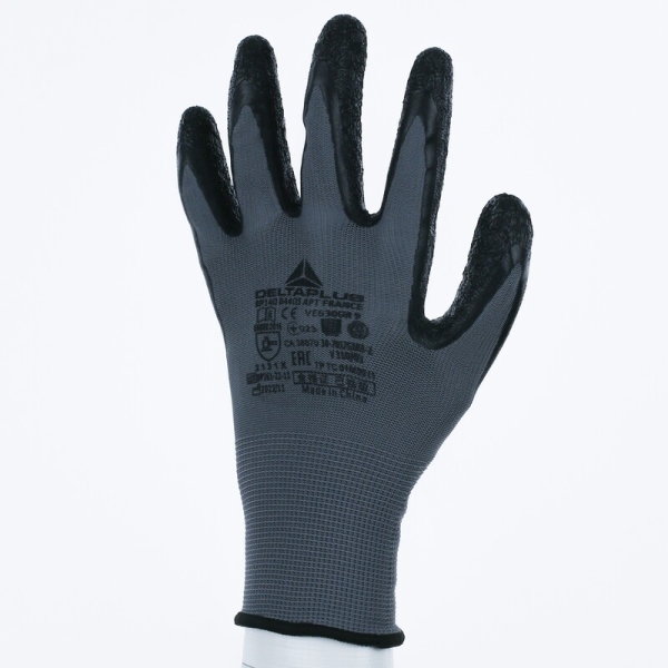 Mănușă tricotată cu strat protector - Poliester - Latex texturat aderent - Calibru : 13, culori: Gri-Negru