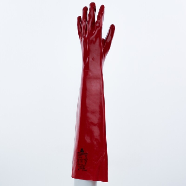 Mănușă impermeabilă cu fixare - Bumbac - PVC neted - Lungime :  600   mm , culoare Roșu