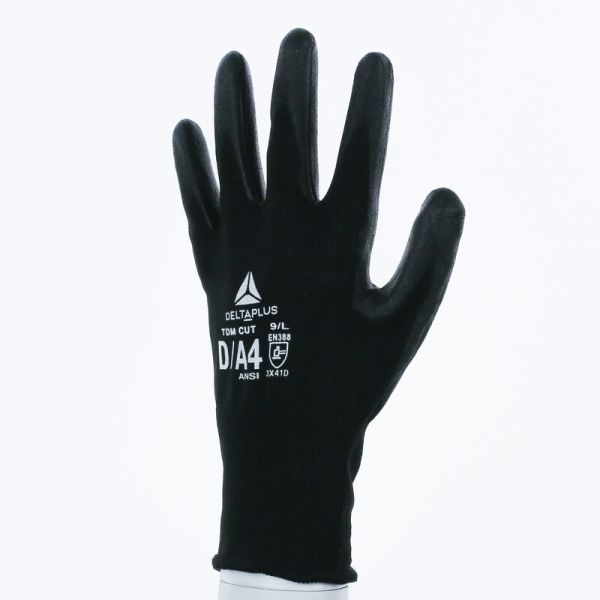 Mănușă tricotată cu strat protector - DELTAnocut, Fibră de oțel inoxidabil - PU - Calibru : 18, culori: Negru