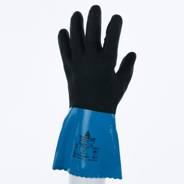 Mănușă impermeabilă cu fixare - Poliamidă - Strat dublu de nitril/PVC - Calibru : 18 - Lungime :  300   mm , culori: Albastru