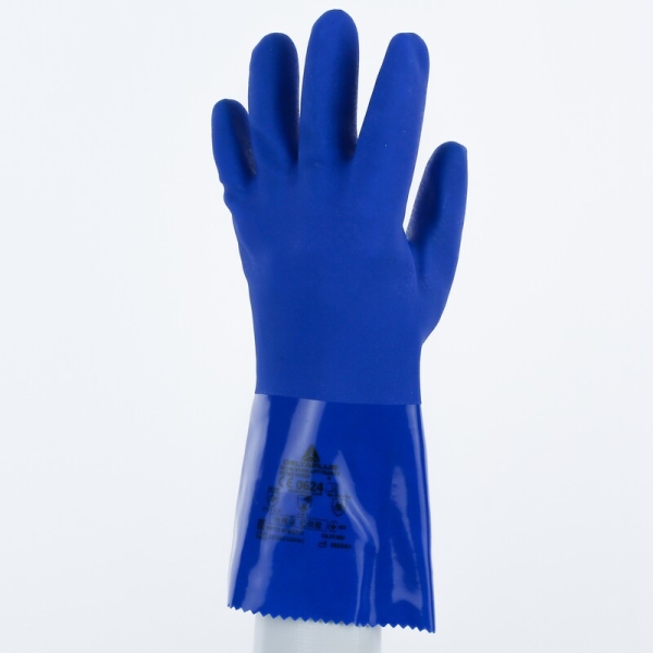 Mănușă impermeabilă cu fixare - Bumbac - PVC texturat aderent - Calibru : 13 - Lungime :  300   mm , culori: Albastru