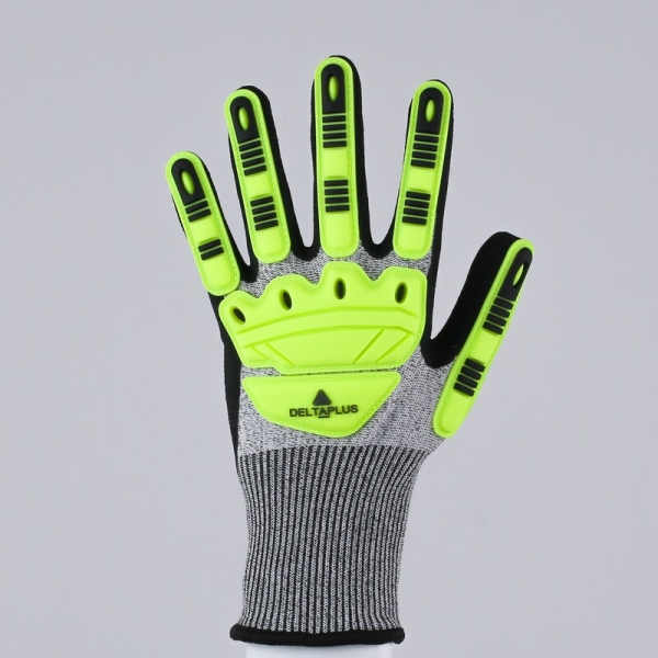 Mănușă tricotată cu strat protector - Elastan, Fibră de sticlă, Nailon, Poliester, Spandex - Nitril texturat aderent - Calibru : 15, culori: Galben