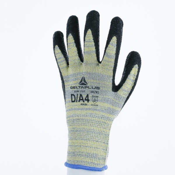 Mănușă tricotată cu strat protector - HEATnocut - Latex texturat aderent - Calibru : 10, culori: Galben-Gri-Negru