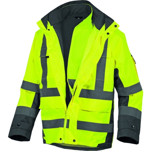 Geacă impermeabilă 5 în 1 de înaltă vizibilitate -  Oxford - 100% poliester - Acoperire poliuretanică | Căptuşeală: Tafta - 100% poliester, culori: Portocaliu Fluo-Gri, Galben fluorescent-Gri