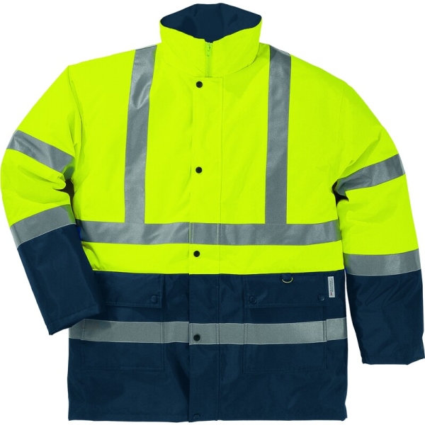 Geacă impermeabilă, de înaltă vizibilitate -  Oxford - 100% poliester - Acoperire poliuretanică | Căptuşeală: Tafta - 100% poliester, culori: Portocaliu fluorescent-Bleumar, Galben fluorescent-Bleumarin