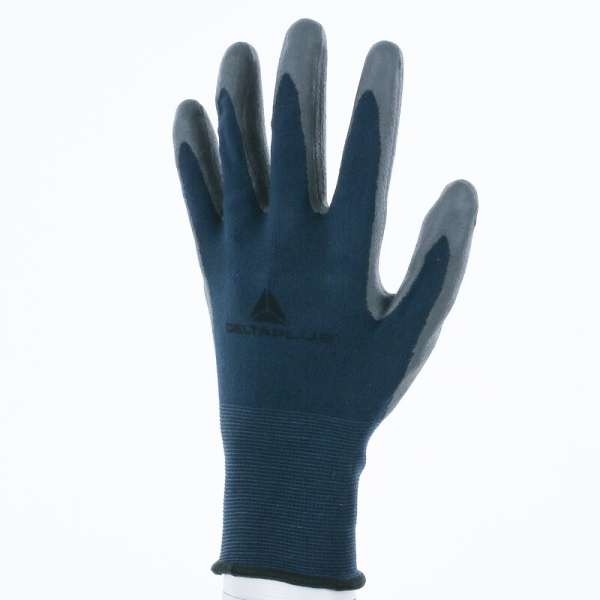 Mănușă tricotată cu strat protector - Poliamidă - Polimer apă neted - Calibru : 15, culori: Bleumarin-Gri