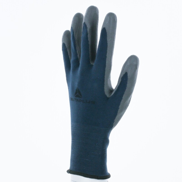 Mănușă tricotată cu strat protector - Poliamidă - Polimer apă neted - Calibru : 15, culori: Bleumarin-Gri