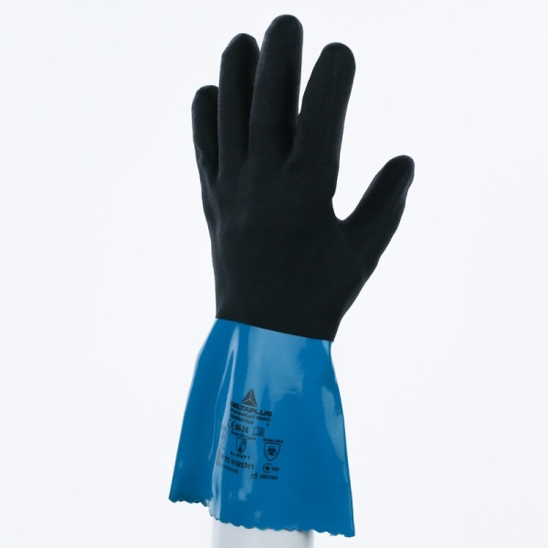 Mănușă impermeabilă cu fixare - Poliamidă - Strat dublu de nitril/PVC - Calibru : 18 - Lungime :  300   mm , culori: Albastru