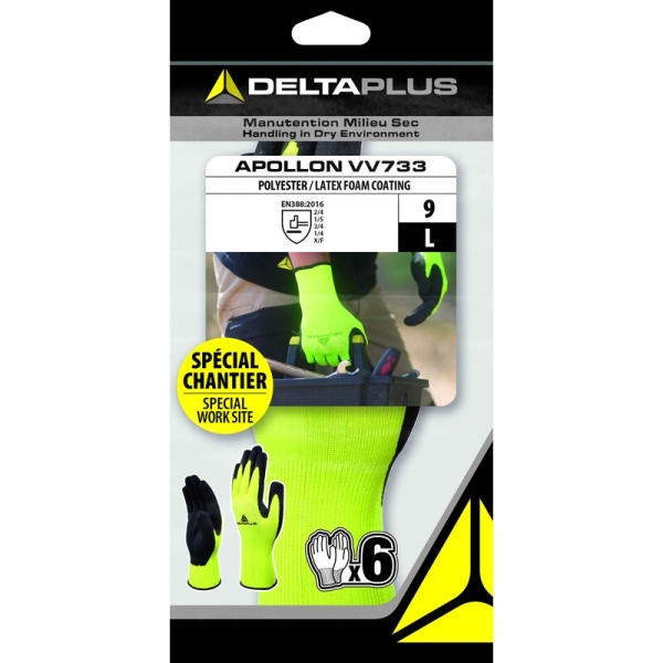 Mănușă tricotată cu strat protector - Poliester - Spumă de latex - Calibru : 13 - Pungă de 6, culori: Galben fluorescent-Negru