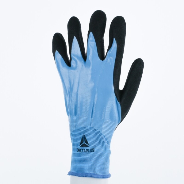 Mănușă tricotată cu strat protector - Poliamidă - Strat dublu de nitril - Calibru : 15, culori: Albastru-Negru