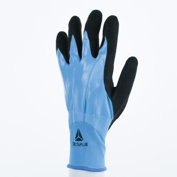 Mănușă tricotată cu strat protector - Poliamidă - Strat dublu de nitril - Calibru : 15, culori: Albastru-Negru