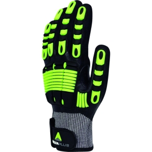 Mănușă tricotată cu strat protector - Elastan, Fibră de sticlă, Nailon, Poliester, Spandex - Strat dublu de nitril - Calibru : 15, culori: Galben-Gri-Negru