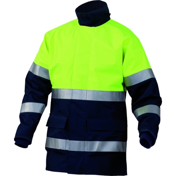 Jachetă parka 2 în 1, multirisc, de înaltă vizibilitate -  Pânză - 98% poliester 2% fibră antistatică - Acoperire poliuretanică | Căptuşeală: Fleece - 100% poliester, culori: Galben fluorescent-Bleumarin
