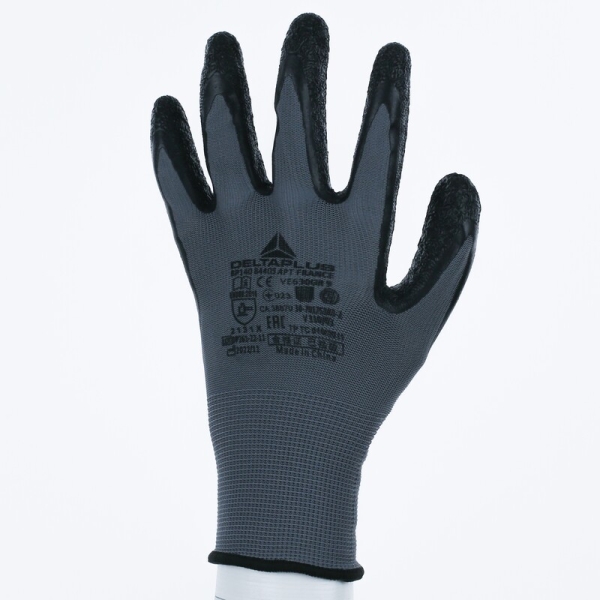 Mănușă tricotată cu strat protector - Poliester - Latex texturat aderent - Calibru : 13, culori: Gri-Negru