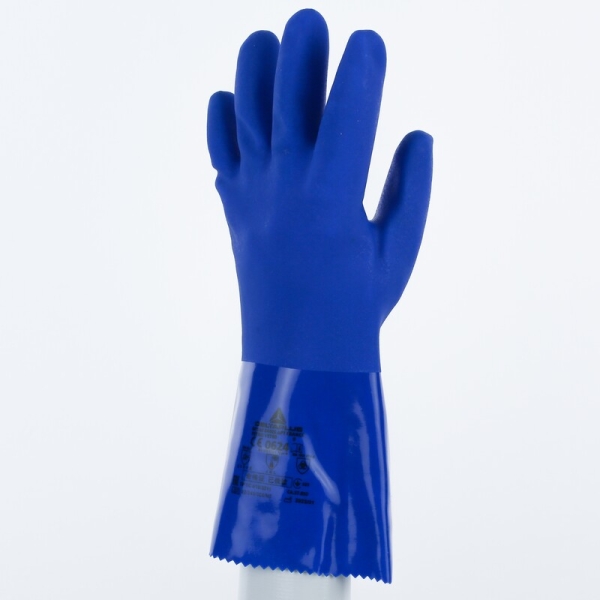 Mănușă impermeabilă cu fixare - Bumbac - PVC texturat aderent - Calibru : 13 - Lungime :  300   mm , culori: Albastru