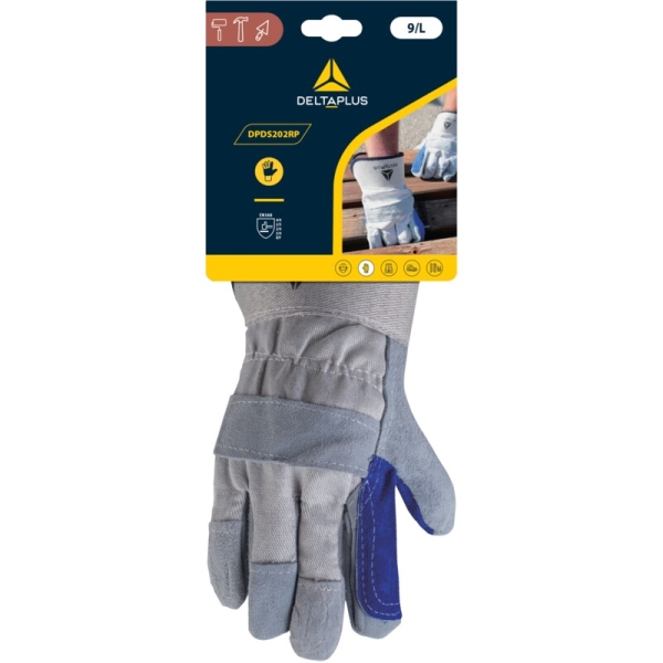 Mănușă preformată palmă piele/dos material textil - Bovină, culori: Gri-Albastru