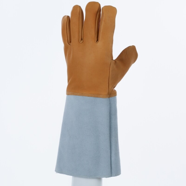 Mănușă preformată palmă piele/dos piele - Bovină - Lungime :  400   mm , culoare Gri-Bej