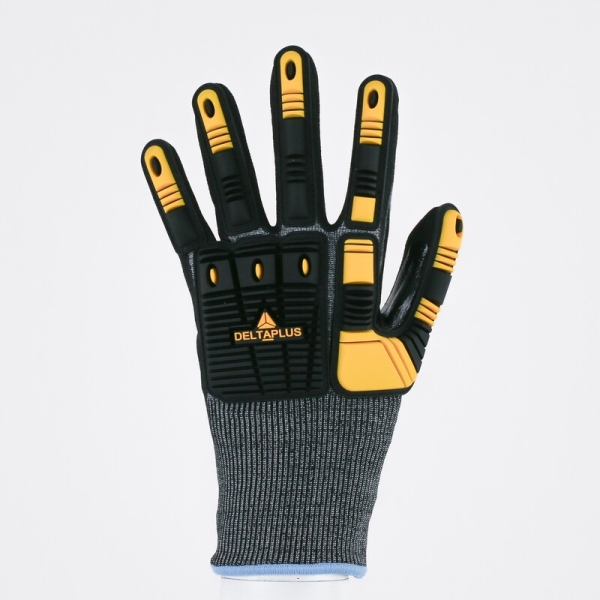 Mănușă tricotată cu strat protector - Elastan, Fibră de sticlă, Nailon, Poliester, Spandex - Nitril texturat aderent - Calibru : 18, culori: Galben-Gri-Negru