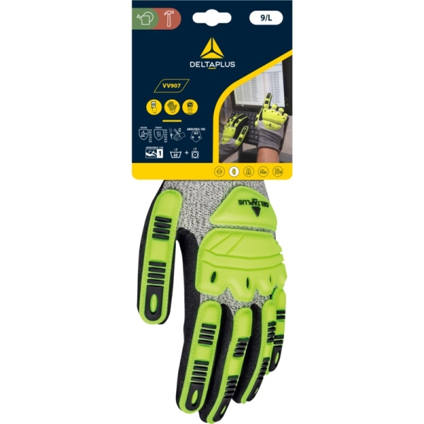 Mănușă tricotată cu strat protector - Elastan, Fibră de sticlă, Nailon, Poliester, Spandex - Nitril texturat aderent - Calibru : 15, culori: Galben