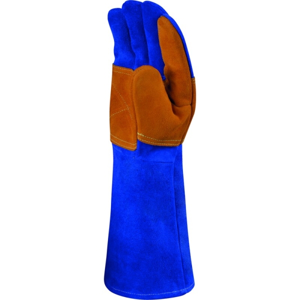 Mănușă preformată palmă piele/dos piele - Bumbac, Kevlar - Bovină - Lungime :  400   mm , culori: Albastru-Galben