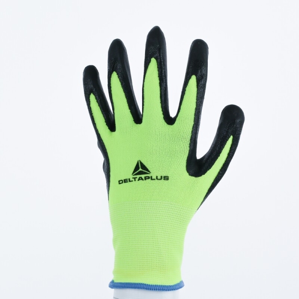 Mănușă tricotată cu strat protector - Poliester, Spandex - Spumă termoplastică, texturată, aderentă, de nitril - Calibru : 15, culori: Galben fluorescent-Negru