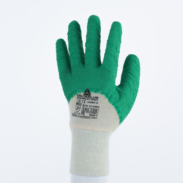 Mănușă preformată cu strat protector - Bumbac - Latex texturat aderent, culori: Verde