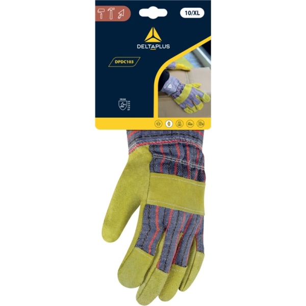 Mănușă preformată palmă piele/dos piele - Bovină, culoare Galben-Albastru